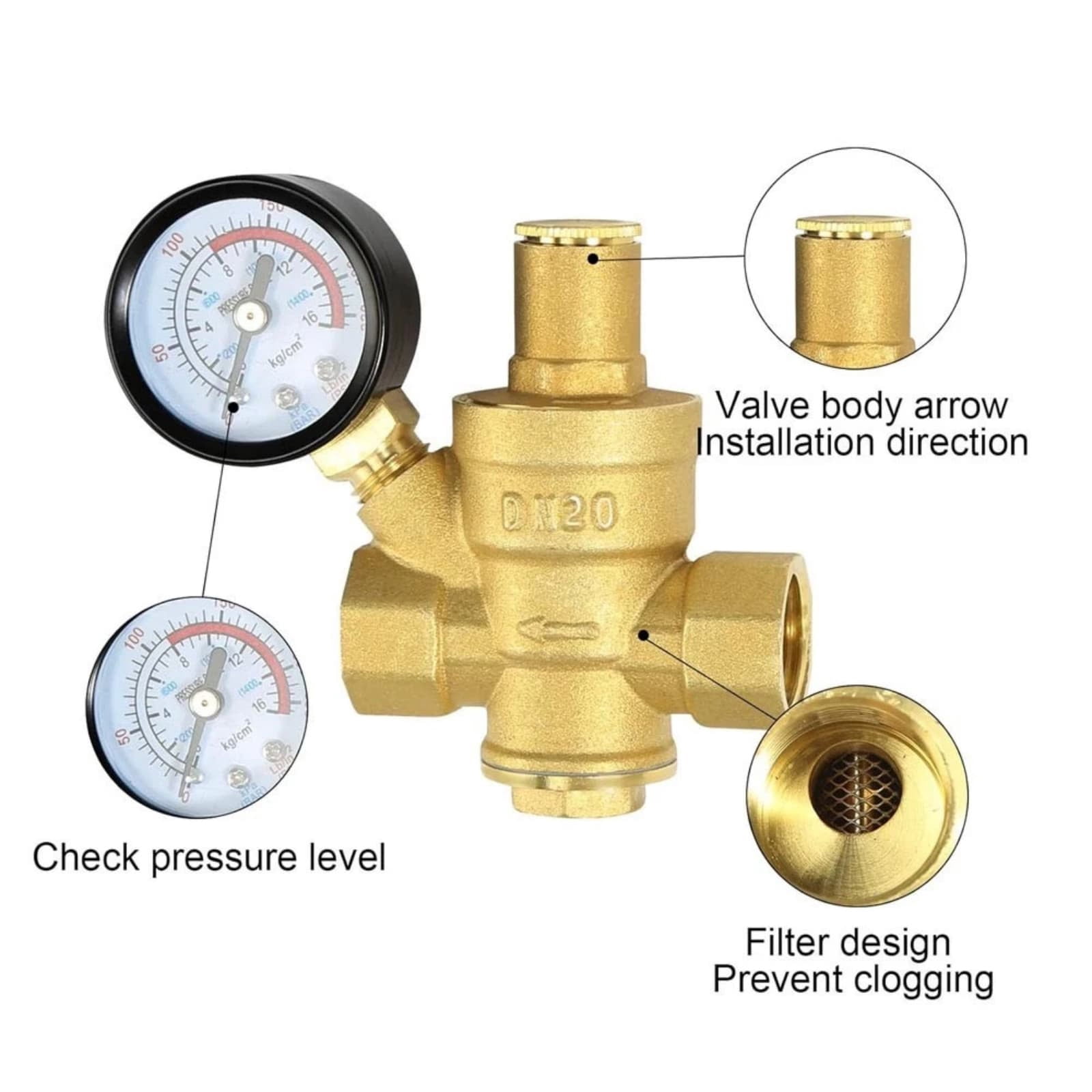GUYUTING Brass Pressure Regulating Valve 3/4 Inch Connector PN1.6 Rating For Residential Water Heater Purifier Faucet Installation