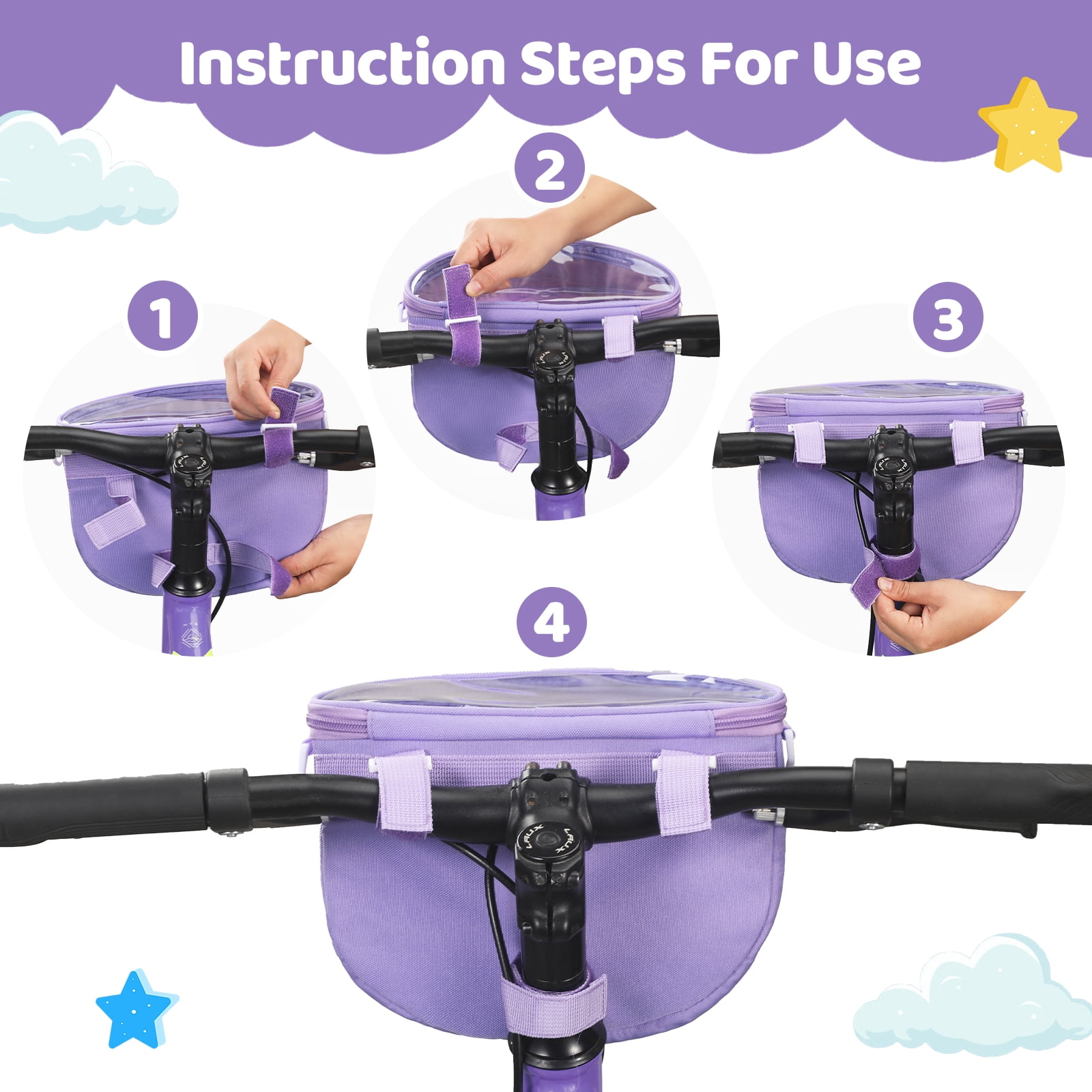 Yucurem Durable Kids Bike Basket, Waterproof Bicycle Front Basket Handlebar Bag with Reflective Safety Straps, Fabric Bicycle Basket for Boys & Girls (Purple)