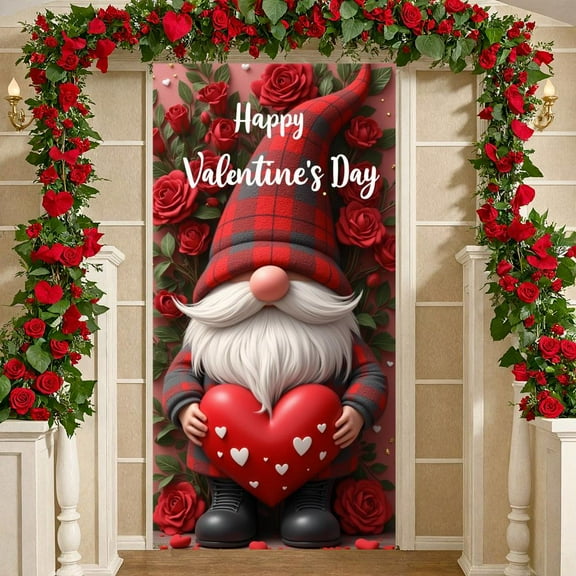 Red Rose Valentine's Day Banner Plaid Pattern Love Display Gnome Design Red Heart Happy Valentines Backdrop for Valentine's Day Party Romantic Date Indoor Decoration
