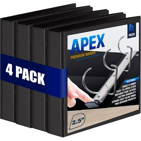 4 pack of 2.5” smooth opening angle d-ring view black binders  professional presentation folder for standard pages with inside pockets ( one in stock are white)