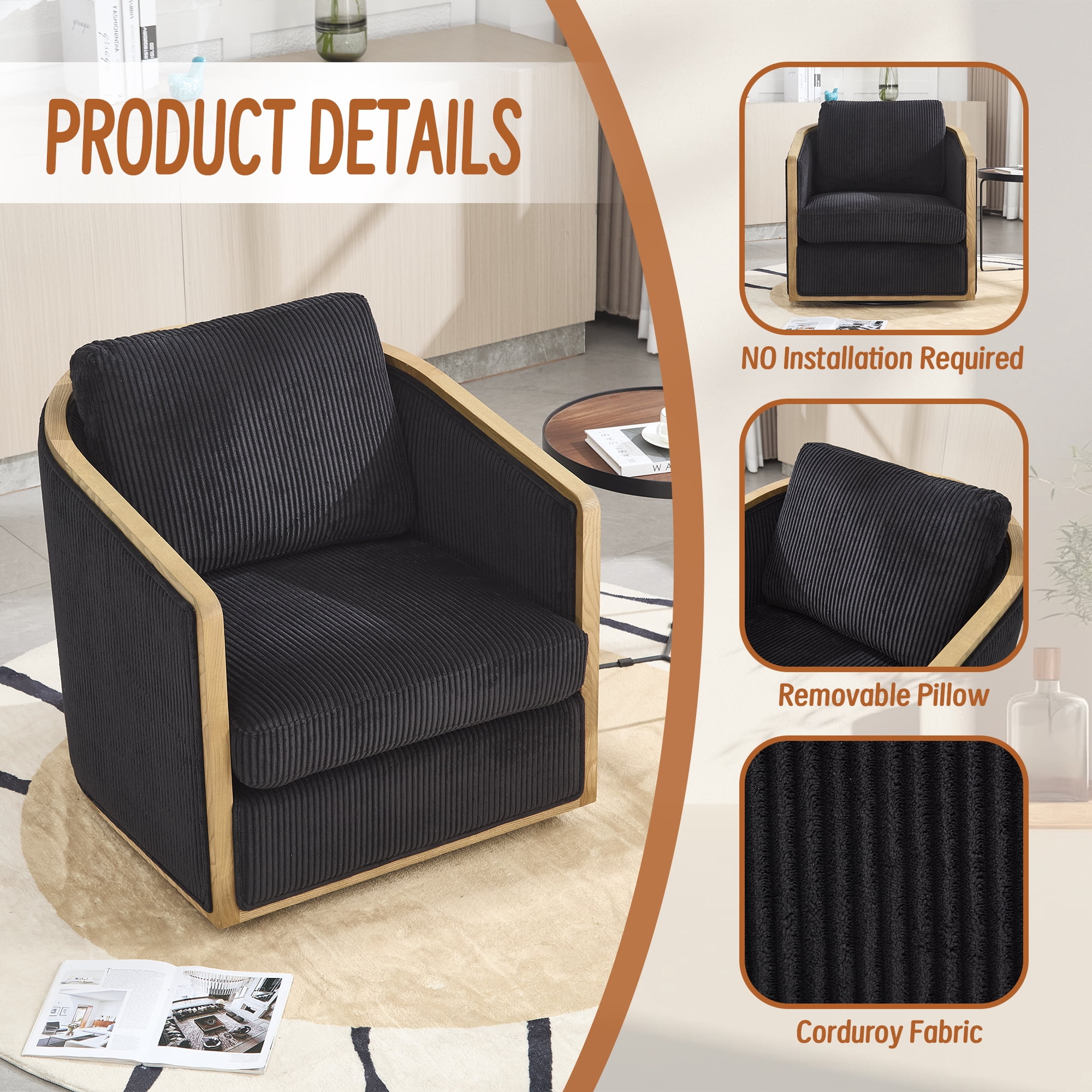 MOONMISS Corduroy Upholstered 360°Swivel Comfortable Round Barrel Chair for Living Room,Bedroom-Black
