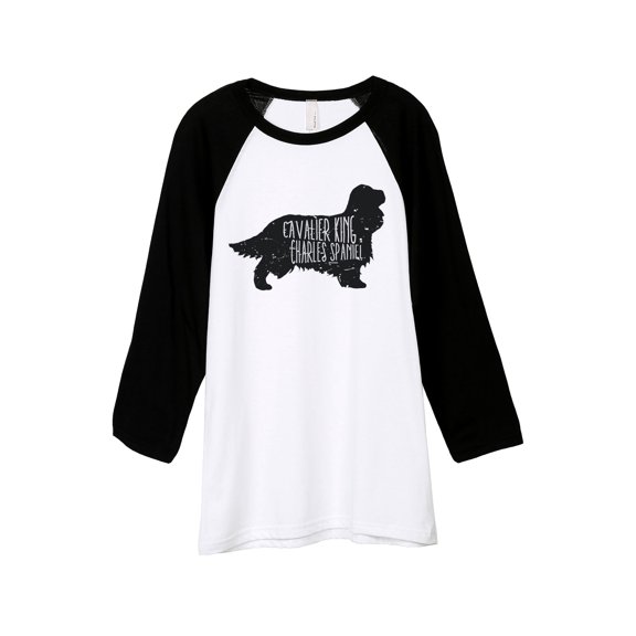 Thread Tank Cavalier King Charles Spaniel Dog Silhouette Unisex 3/4 Sleeves Baseball Raglan White Black Small