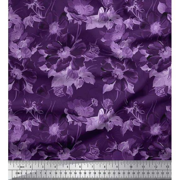 Soimoi Purple Georgette Viscose Fabric Leaves & Floral Printed Fabric 1 Yard 42 Inch Wide