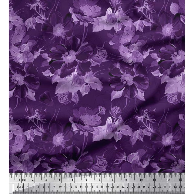 Soimoi Purple polyester Crepe Fabric Leaves & Floral Print Sewing Fabric BTY 42 Inch Wide