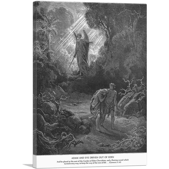 ARTCANVAS Adam And Eve Driven Out Of Eden Canvas Art Print by Gustave Dore - Size: 12" x 8" (0.75" Deep)