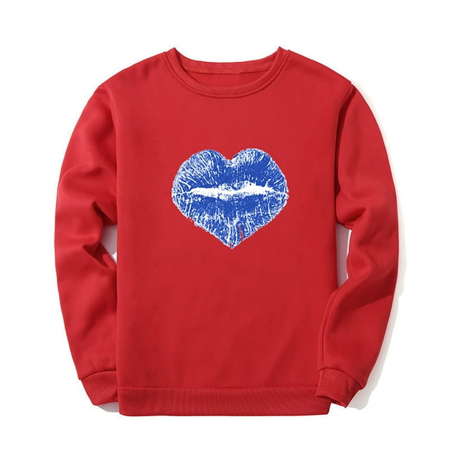 Blouse pour Femmes Nouveau T-shirt à Manches Longues Col Rond Imprimé Lèvres Bleues