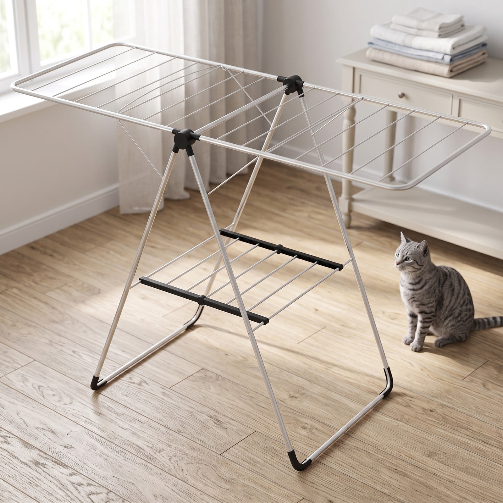 Fenbeli 2-Tier Laundry Drying Rack, Foldable Clothes Drying Rack with Rust-Proof Aluminum Frame, Space-Saving Collapsible Garment Air Dryer Stand for Balcony, Silver