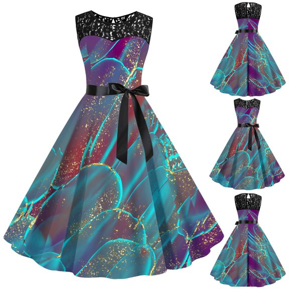 Women's Casual Tennis Dress Womens 1950s Rockabilly Swing Dress Lace Prom Party Dress Blue M