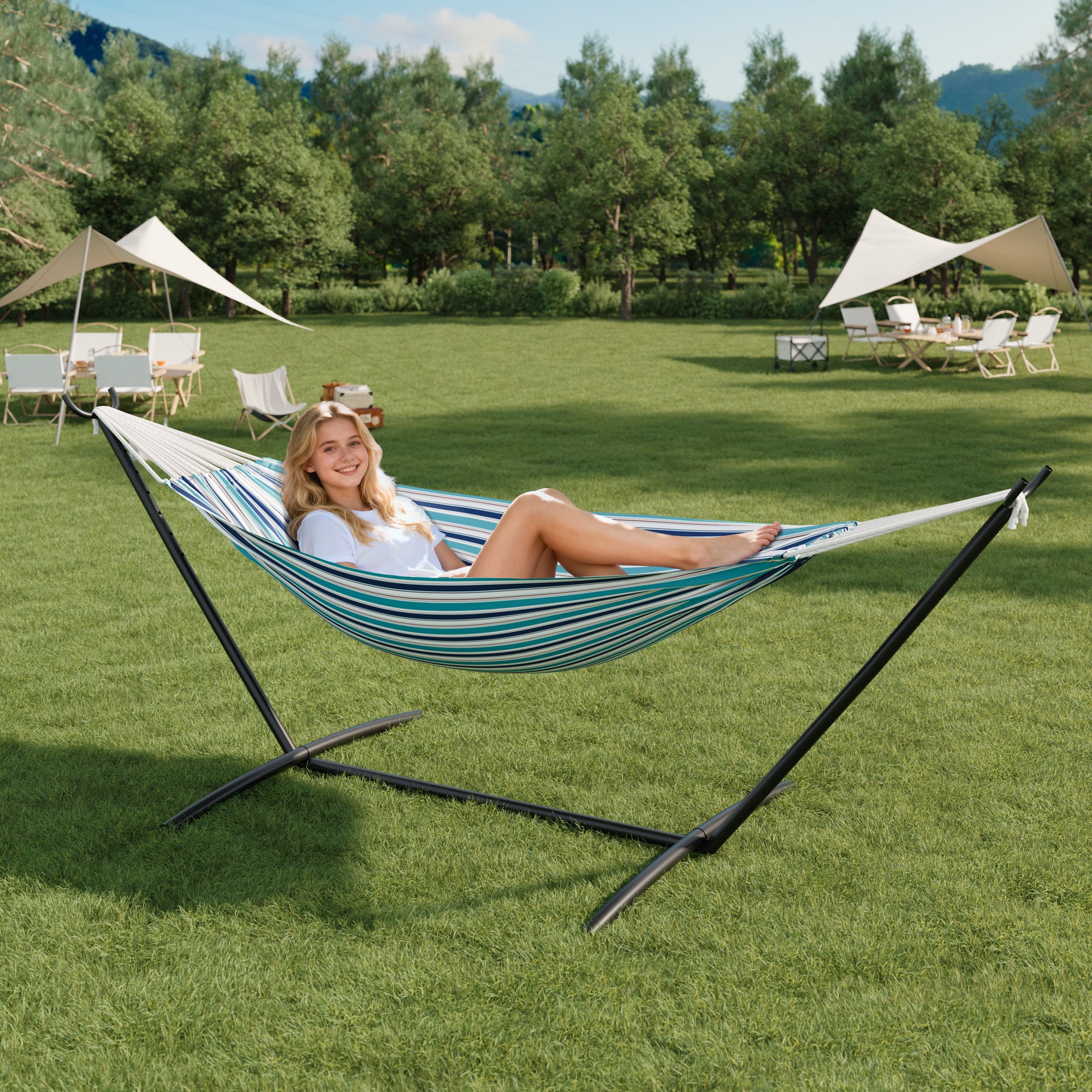 COZONY 2-Person Hammock with Steel Stand, 450lb Capacity, Portable Cotton Rope Bed, Carry Bag Included
