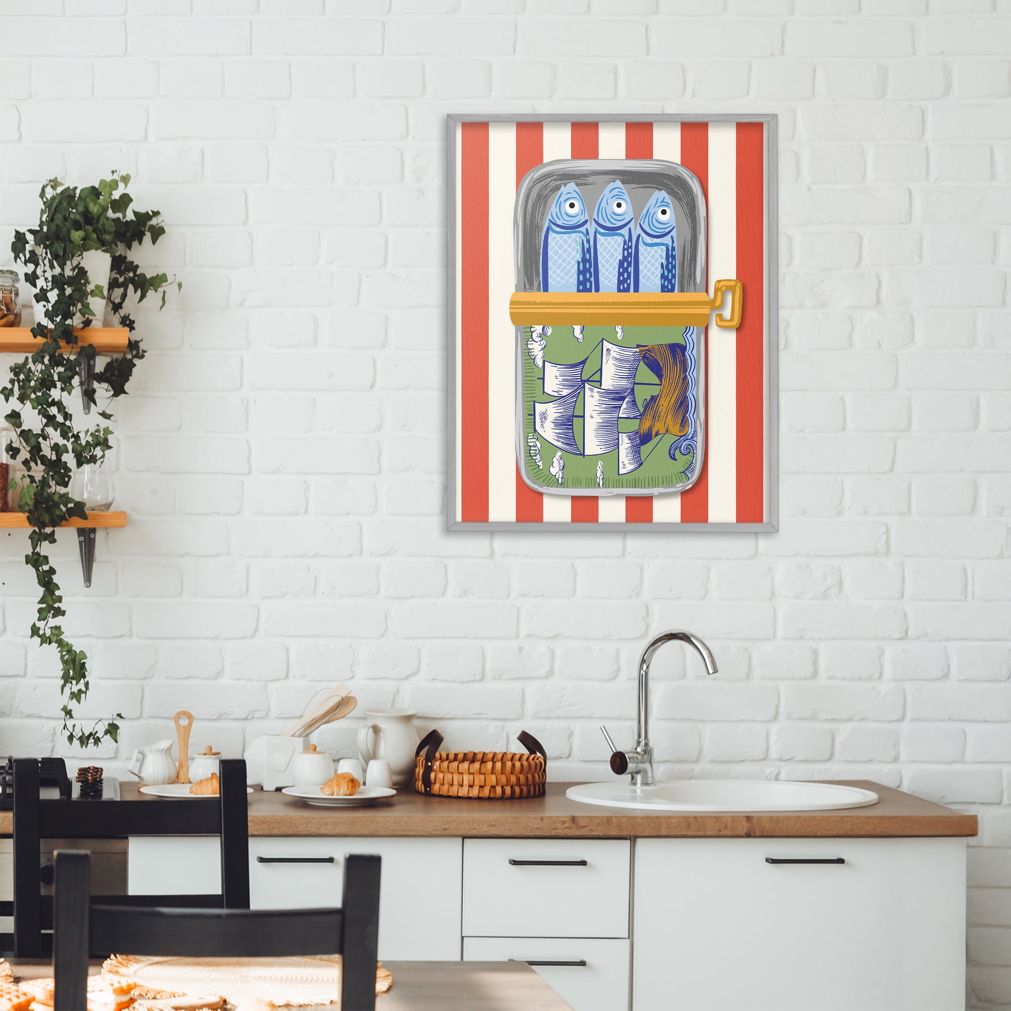 Stupell Industries Sardines with Antique Ship Gray Framed Giclee Art, design by Arrolynn Weiderhold