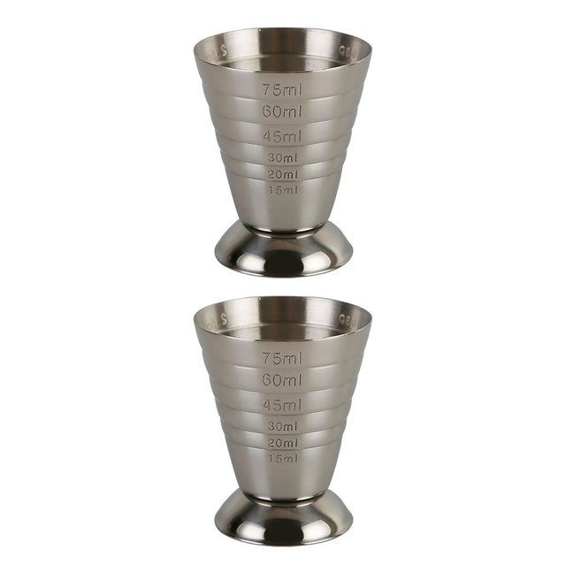 Cateissary Taza medidora de vino para mezclar de 75ml, taza medidora de tres escalas de acero inoxidable, accesorio para barra de Jigger de cóctel, Plata 2piezas