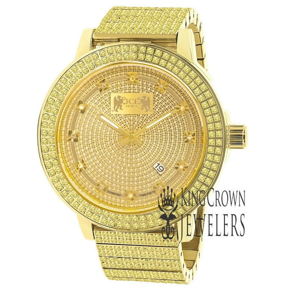 Mens Canary Gold Tone Jojo Jojino Joe Rodeo Full Stainless Steel 54mm Real Diamond Dial Watch W/Date