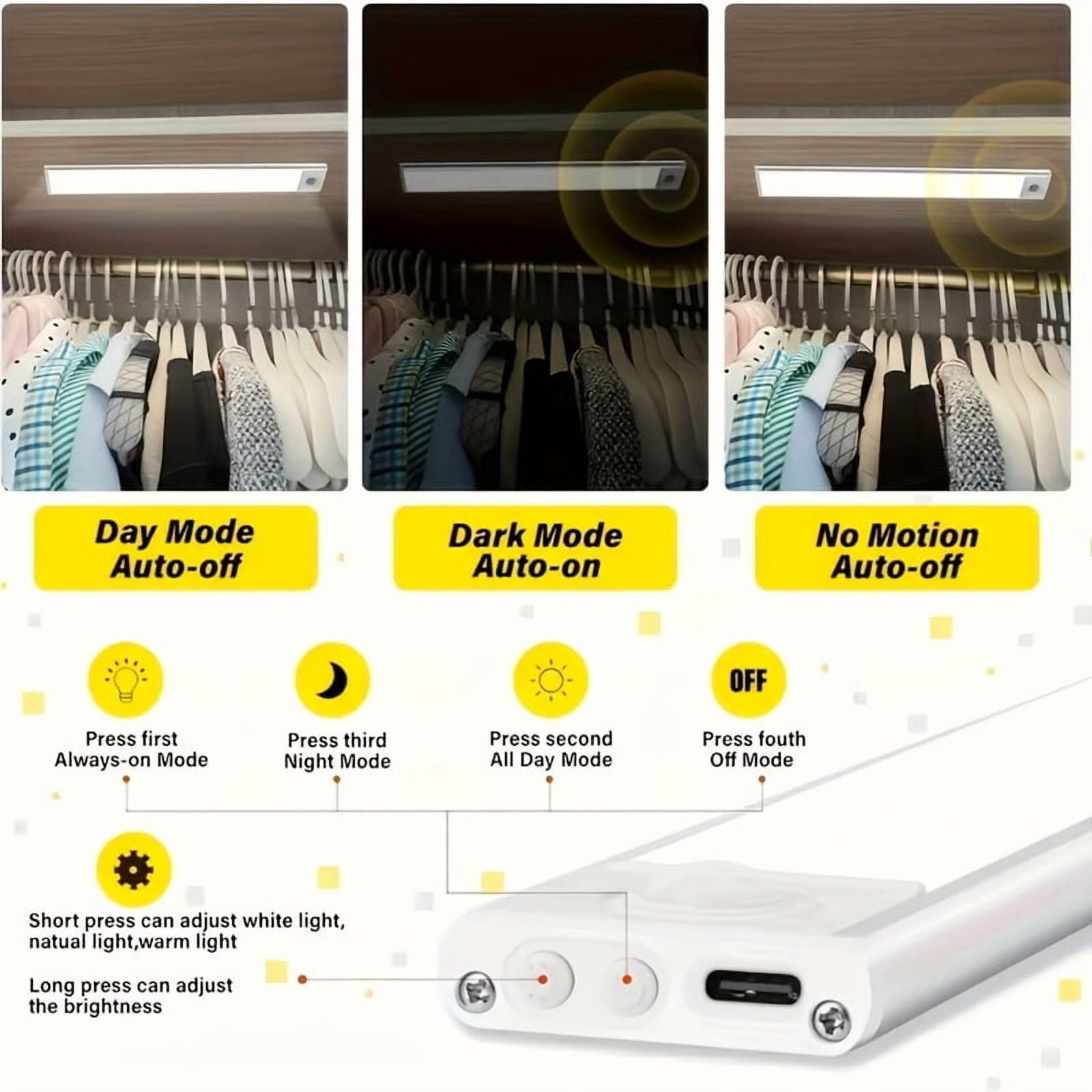 2pcs Under Cabinet Lighting, 16inch Motion Sensor 74 LED USB Rechargeable Wardrobe Lighting, 2200 mAh 3 Color Adjustable Magnetic Kitchen Light, for Counter, Wardrobe, Birthday Gift