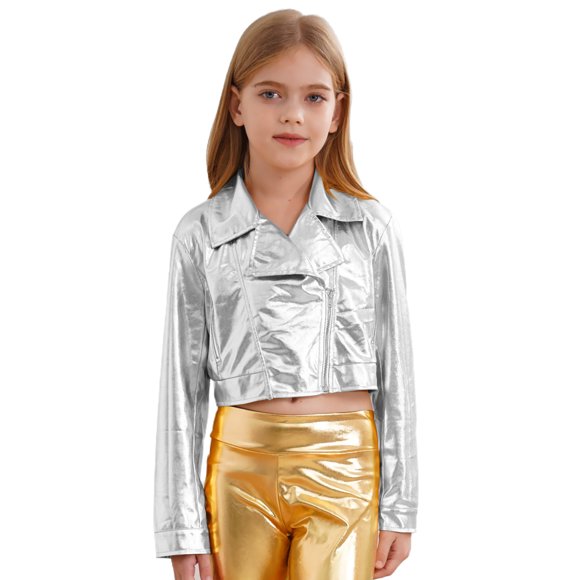 vastwit Girls Boys Metallic Biker Jacket Kids Faux Leather Lapel Crop Coat Outwear for Motorcycle Hip-Hop Jazz Dance Silver 16
