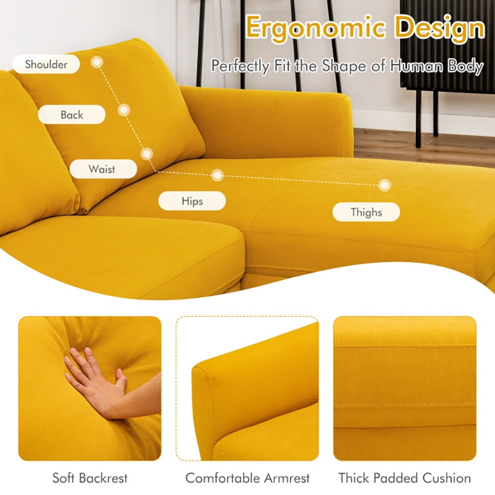 Finihen L-Shaped Sectional Sofa Couch, Sofa Bed, Convertible L-Shaped Fabric Sectional Sofa with Chaise Lounge and Solid Wood Legs, for Living Room, Yellow Finihen L-Shaped Sectional Sofa Couch, Sofa Bed, Convertible L-Shaped Fabric Sectional Sofa with Chaise Lounge and Solid Wood Legs, for Living Room, Yellow
