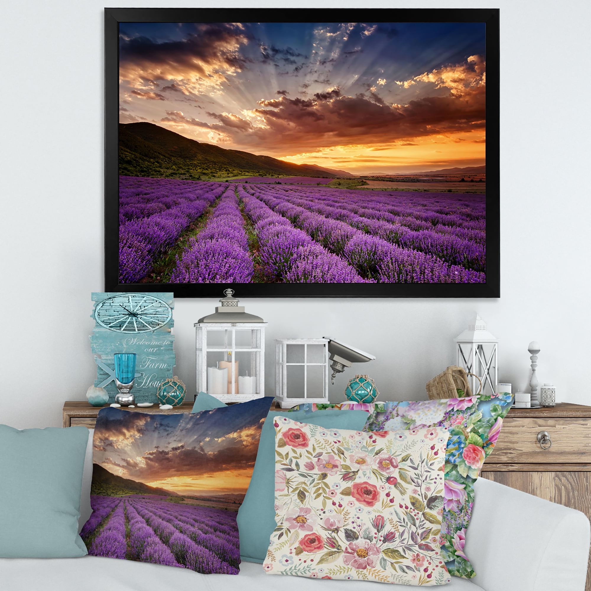 Designart 'Dramatic Clouds and Sunrise Over Lavender Field X' Farmhouse Framed Art Print