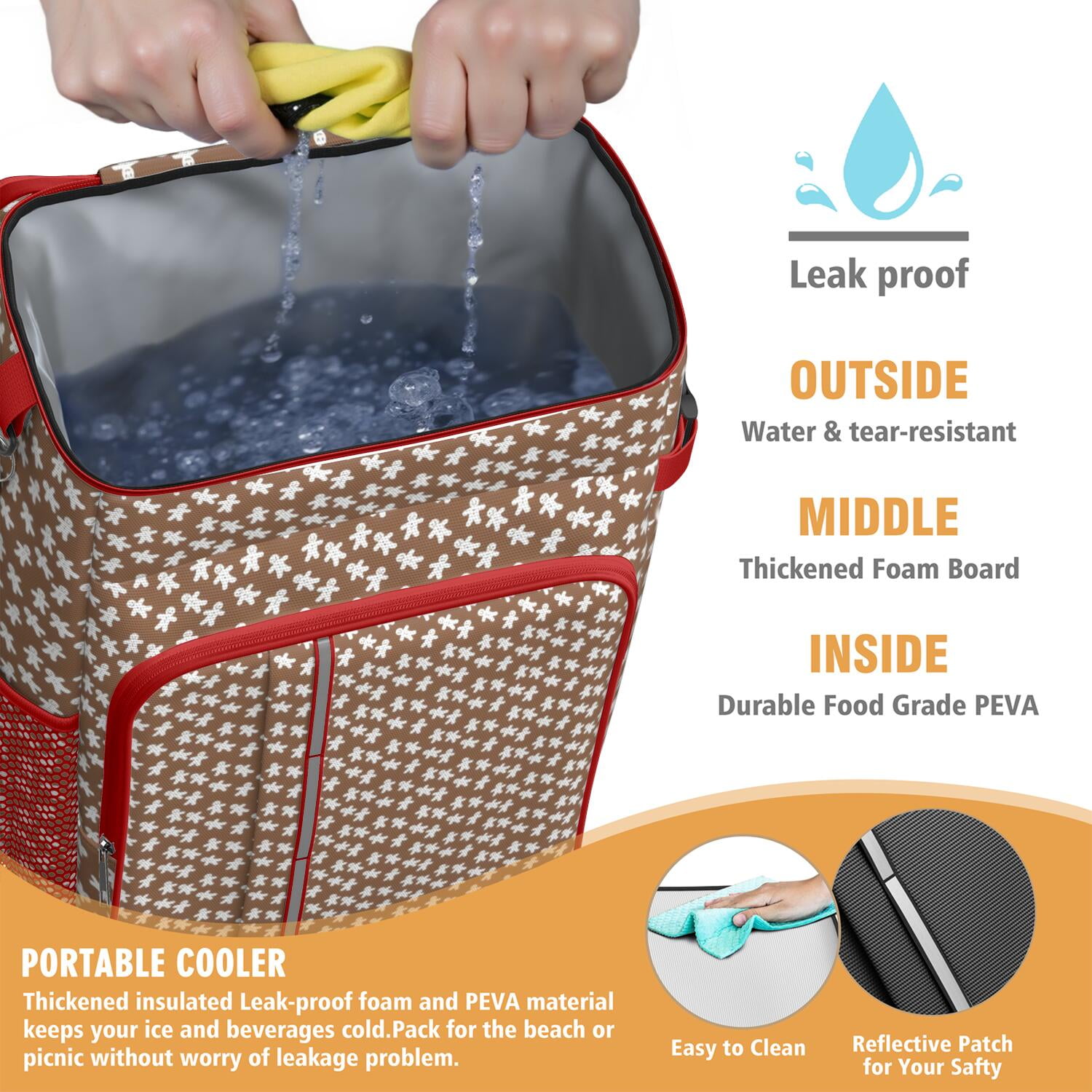 Travel Cooler Bag - Brown Christmas Gingerbread Pattern Camping Beer Cooler Backpack with Bottle Opener- Waterproof Insulated Picnic Backpacks - Cooler Bag for Beach