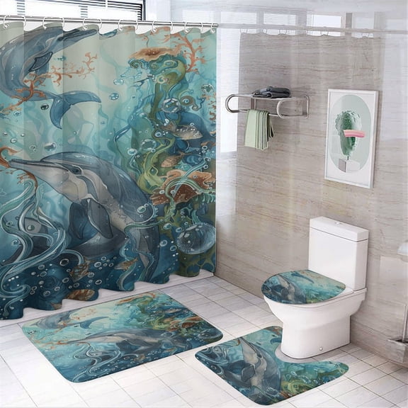 Marvels of The Sea 4PCS Shower Curtain Sets with Rugs with Non-Slip Bath Mat Toilet Rug，72" X 72"