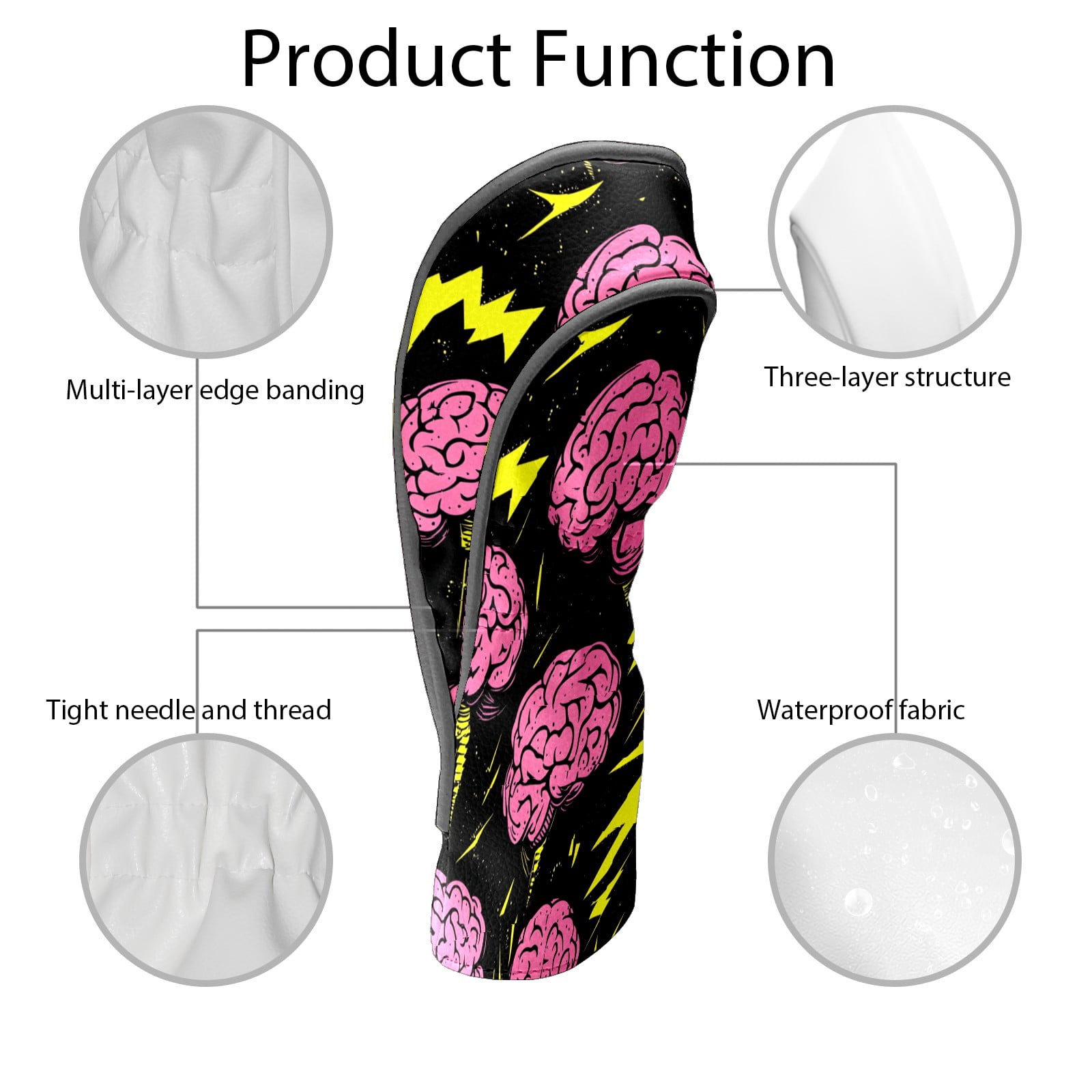 Golf Club Covers PU Leather Waterproof Head Covers for Fairway Woods Hybrids Cartoon Brain Lightning