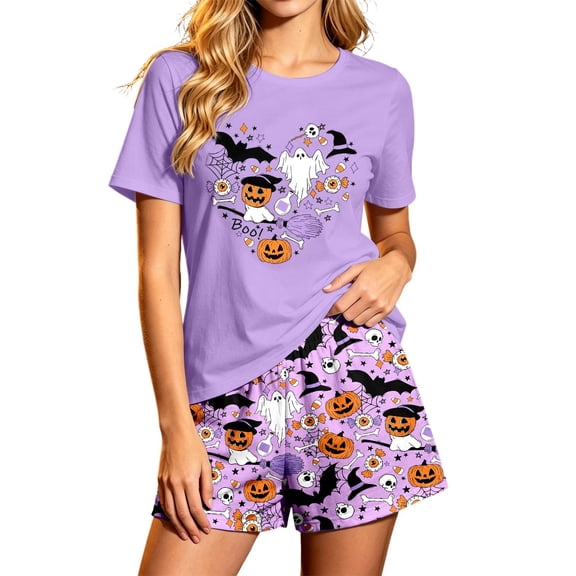 CONZONE Halloween Pajamas for Women Set Short Sleeve Crew Neck Graphic Tops Shorts Pjs 2 Piece Spooky Season Sleepwear