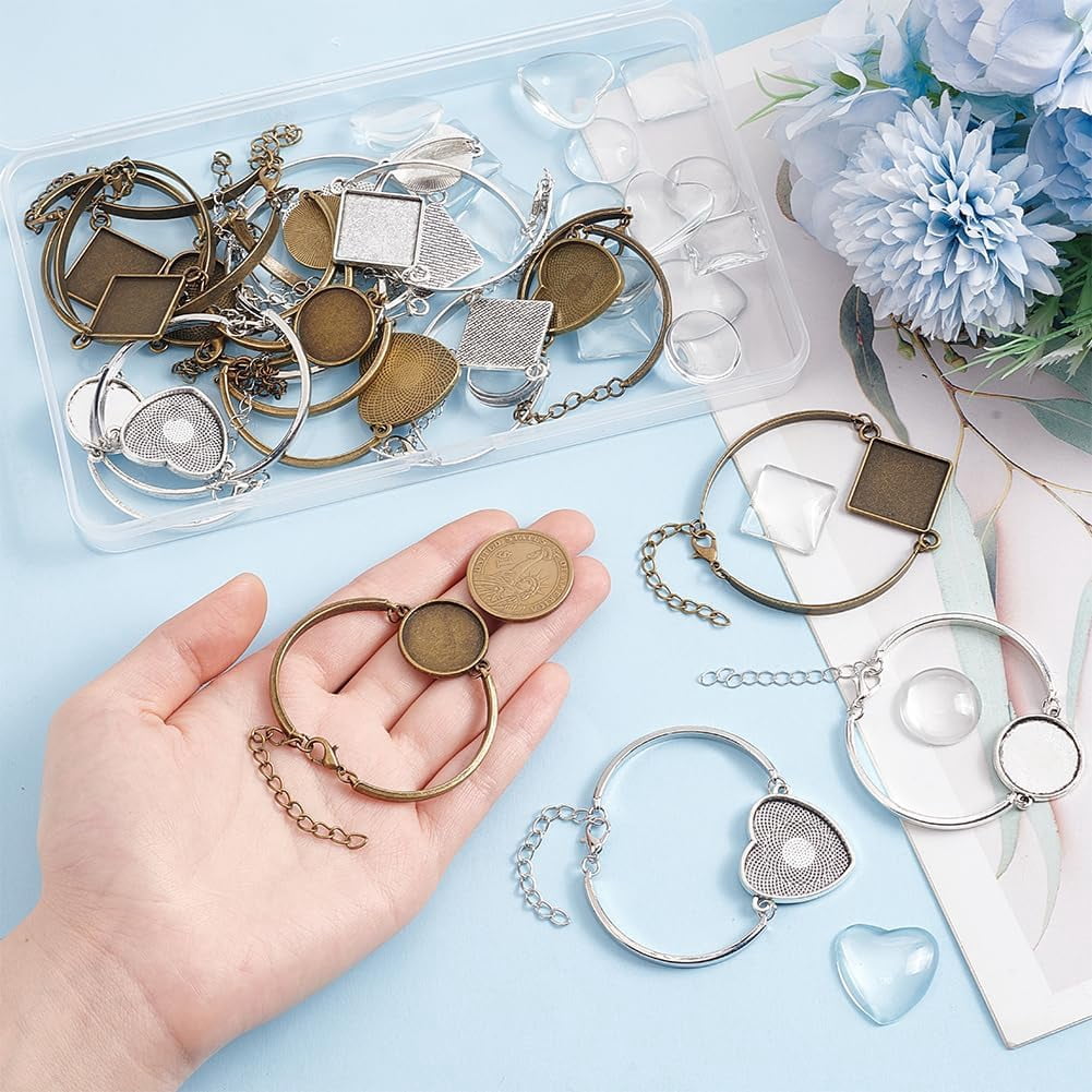 18 Sets 6 Styles Adjustable Bracelet Bezel Settings Kit Heart Square Half Round Alloy Blank Tray Bracelet with Glass Cabochons DIY Photo Bracelet for Slide Bracelet Jewelry Making