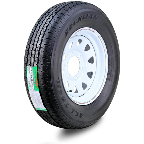 ROCKMAN Trailer Tire Wheel Assembly ST225/75R15 10-Ply E 117M 6 Lug on 5.5" PCD White Spoke Rim