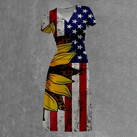 

Wyongtao 4th of July Women s Summer Dress Casual Short Sleeve V-Neck Pleated Dress Slim Fit Printed Sundress