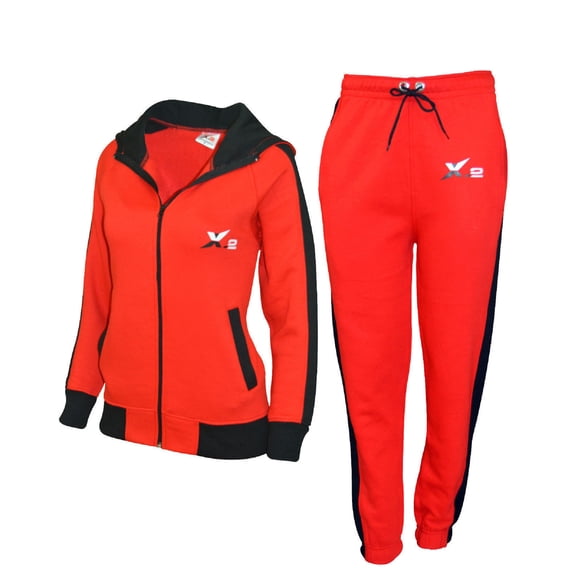 Women Athletic Full Zip Fleece Jogging Tracksuit Activewear Hooded Sweatsuit Top Red L