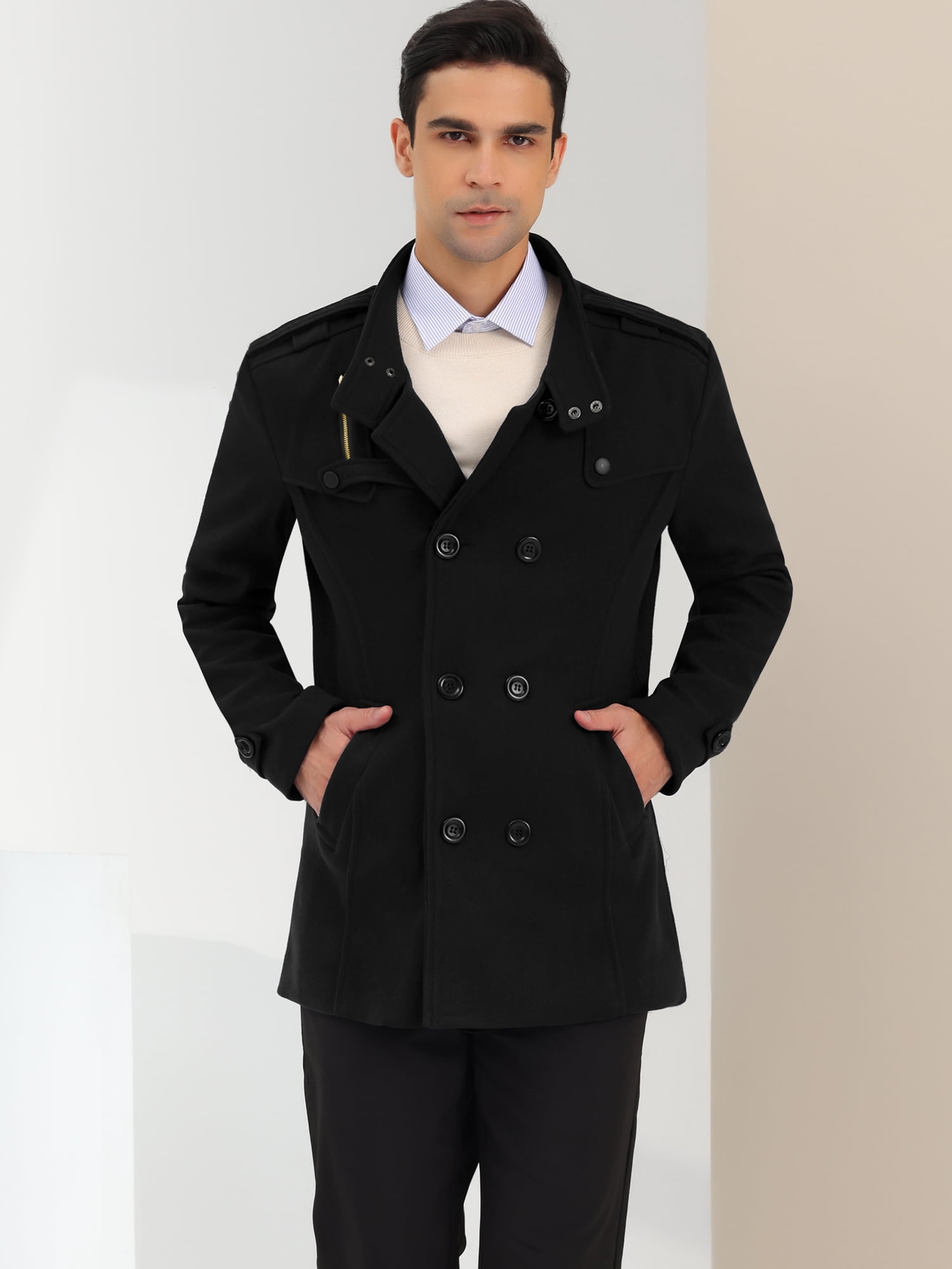DARING DIVA Men's Winter Coat Stand Collar Double Breasted Pea Coats XL Black