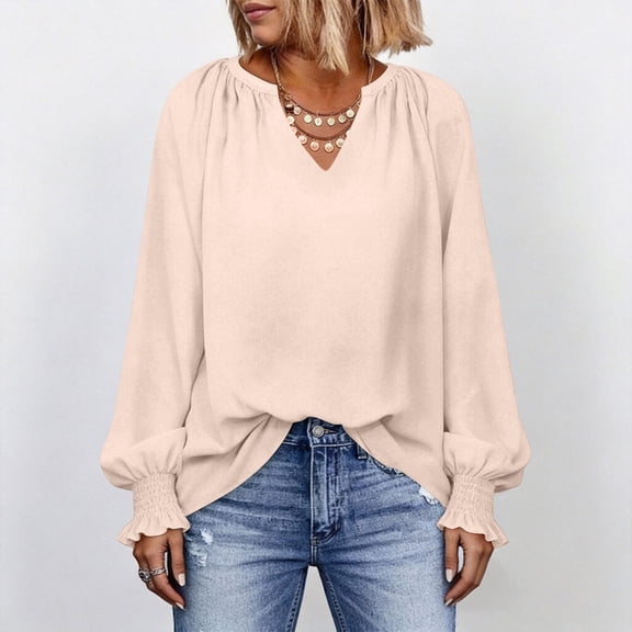 ClodeEU Women V Neck Long Sleeve Top,Casual Loose Fit Solid Blouse Beige,Women's Plus L