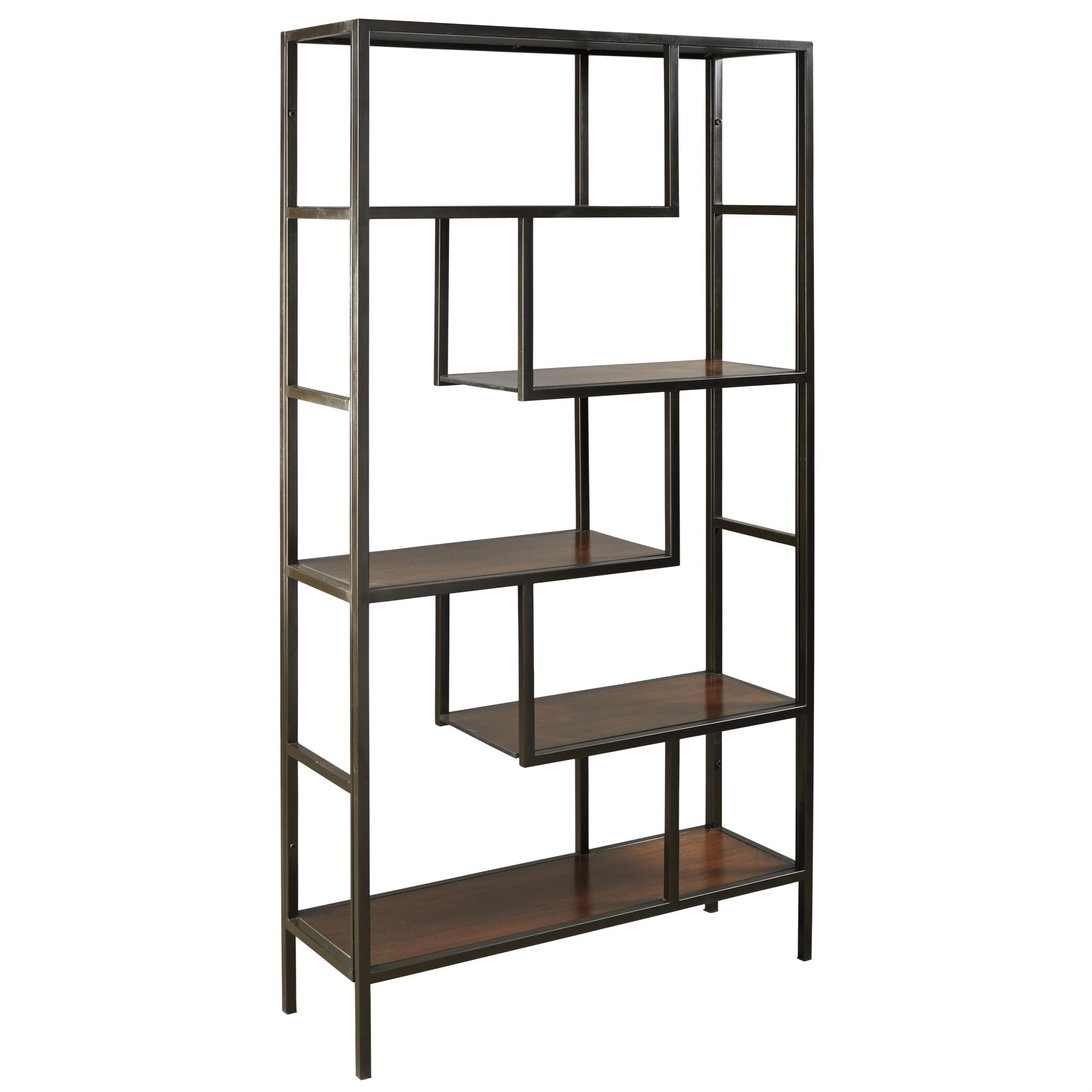 5 Shelves Asymmetric Design Bookcase with Metal Frame, Brown and Black