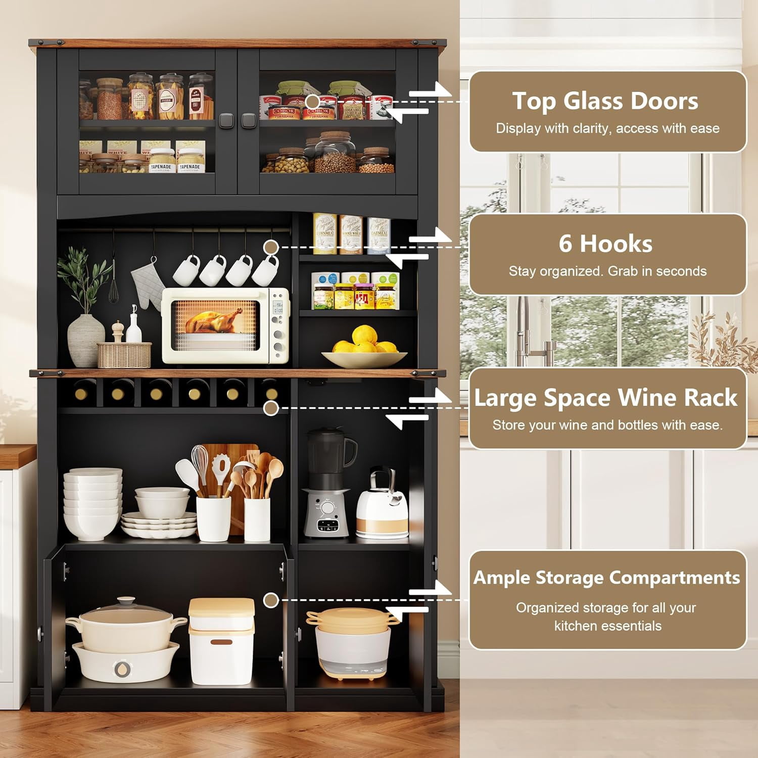Einhomn 71" Tall Kitchen Pantry Cabinet with Charge Station, 3 Adjustable Shelves, Wine Rack and Glass Door, Black