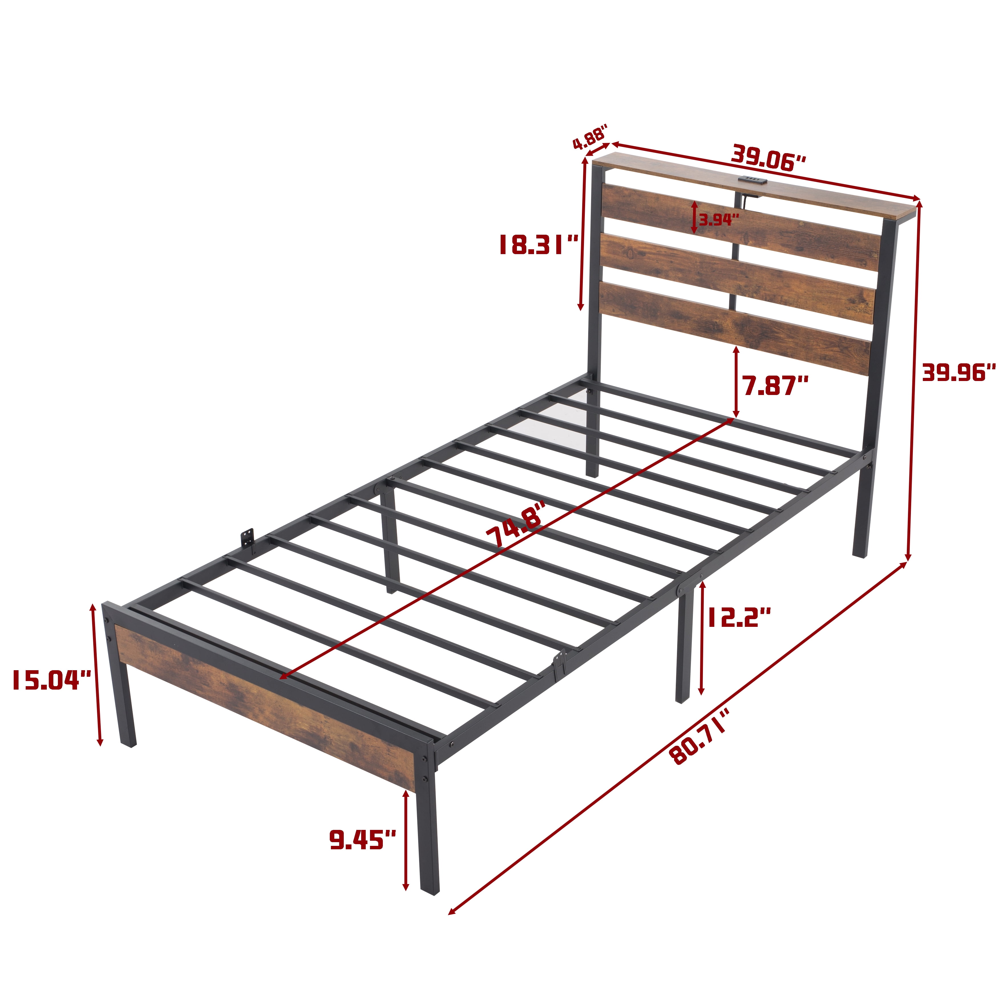Gewnee TWIN Size Metal Bed Frame with RGB Lights & Charging Station (3 USB + 1 Type-C),Headboard with Shelf,No Box Spring Needed,Under-Bed Storage,Ideal for Bedroom,Dorm,Guest Room
