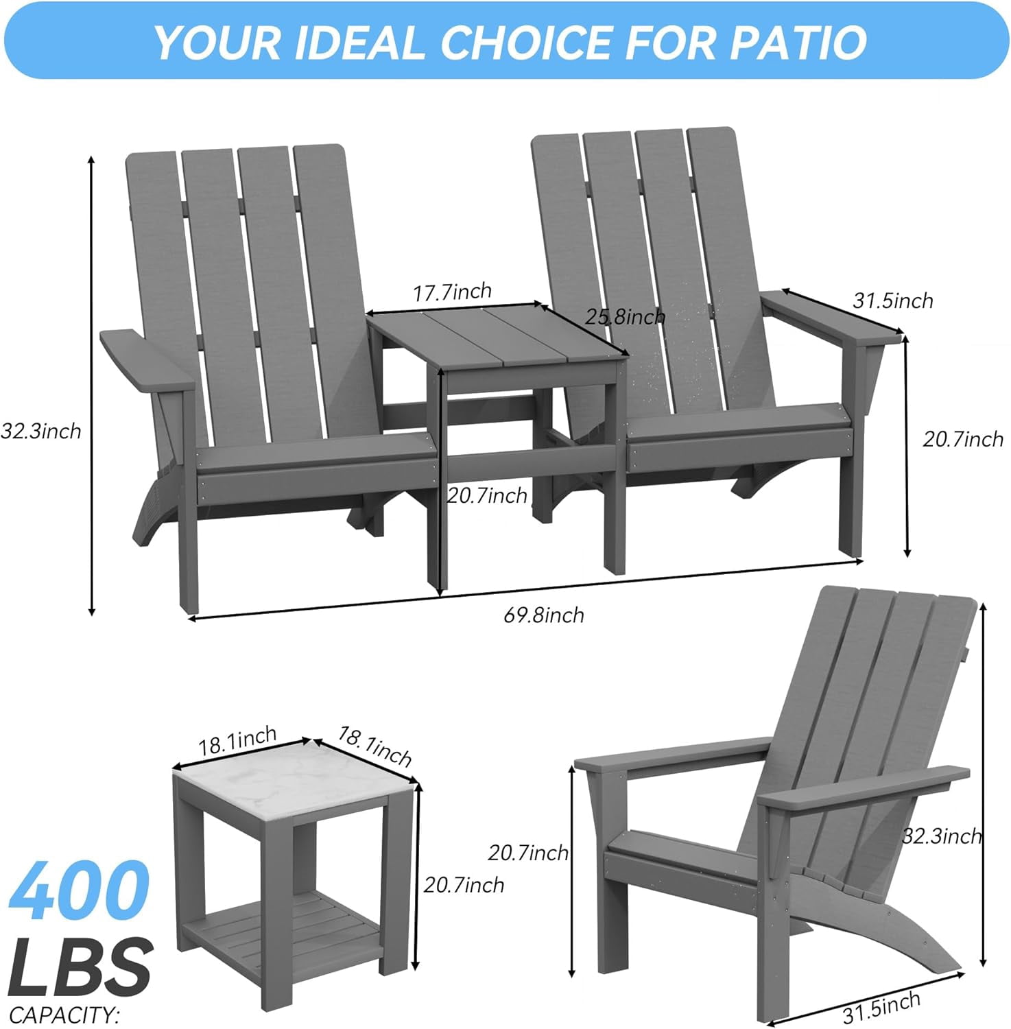 ALAULM All-Weather HDPE 8PCS Modular Flexible Combination Adirondack Conversation Set with Marble-Look Interlocking Side Tables for Deck Patio Poolside, Gray