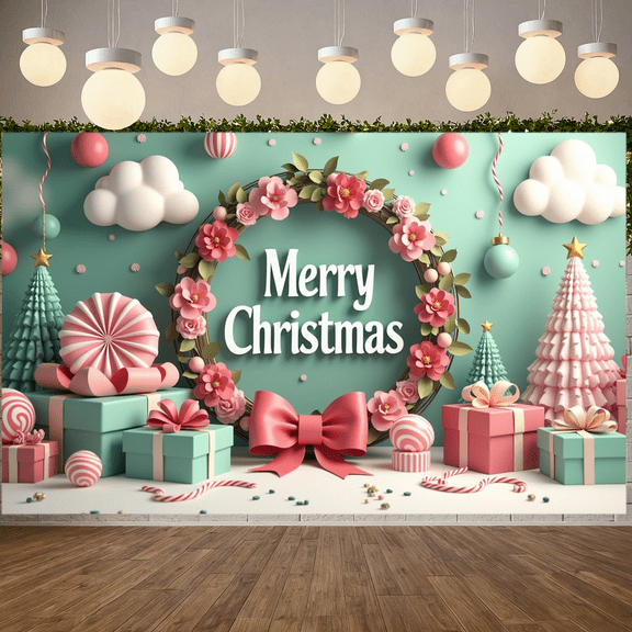 Colorful Design Christmas Banner Decorative Wreath Holiday Decoration Party Backdrop for Home Celebration Photo Props Winter Festive