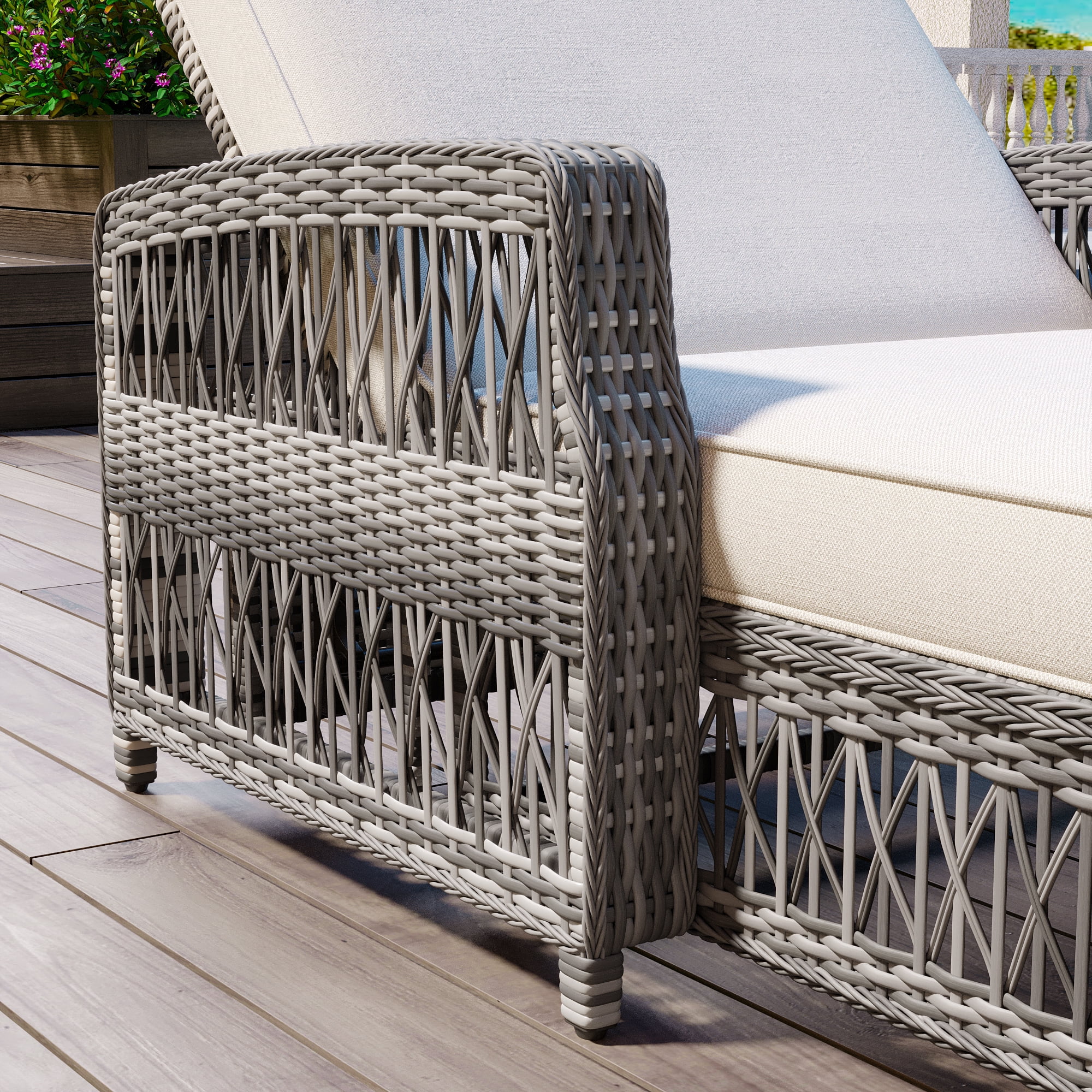 Outdoor Reclining Chaise with Armrests, Adjustable Lounge Chair for Poolside Garden, Beige