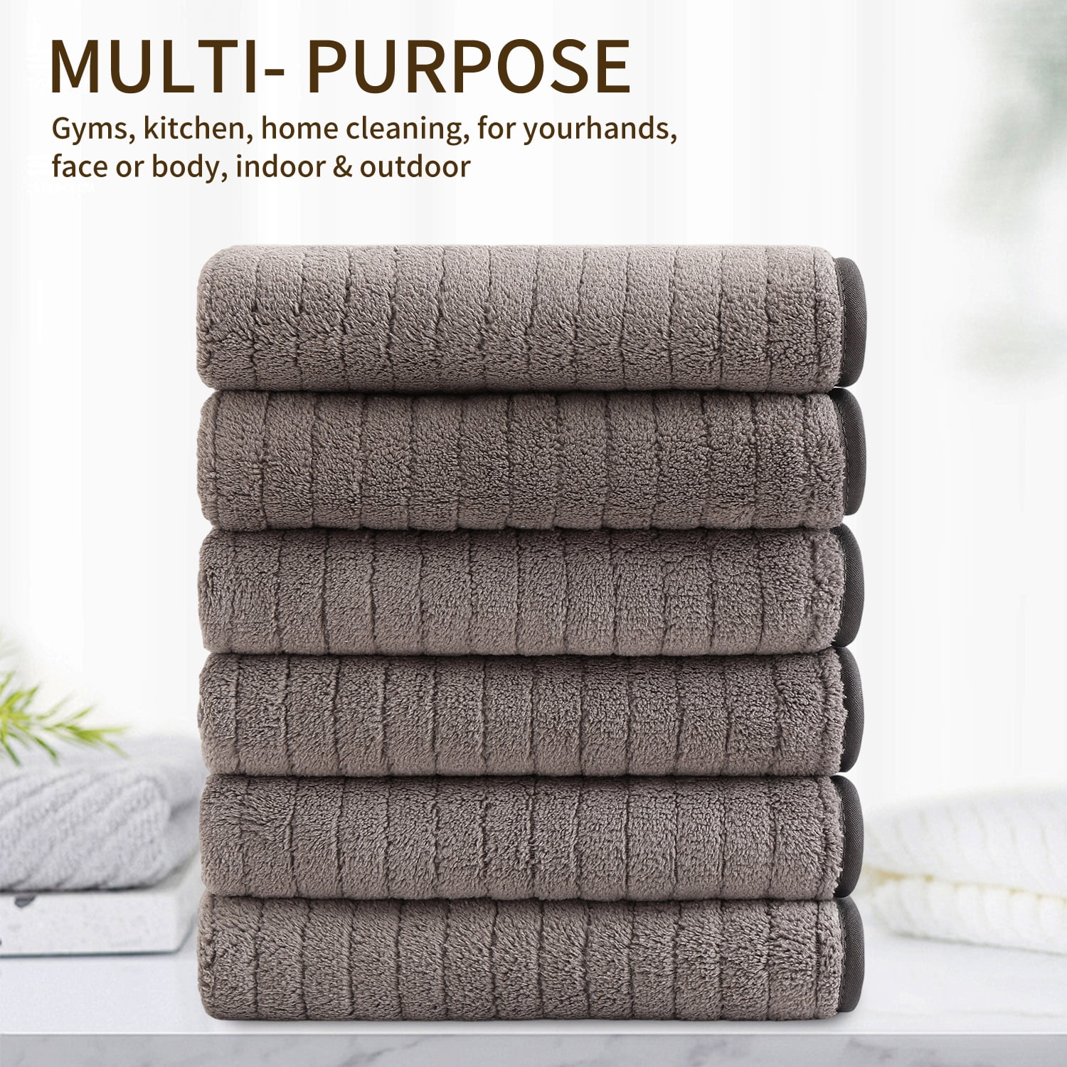 Jessy Home 6 Pack Brown Stripe Washcloths for Bathroom 13x13 Inch Ultra Soft Hand Face Towels