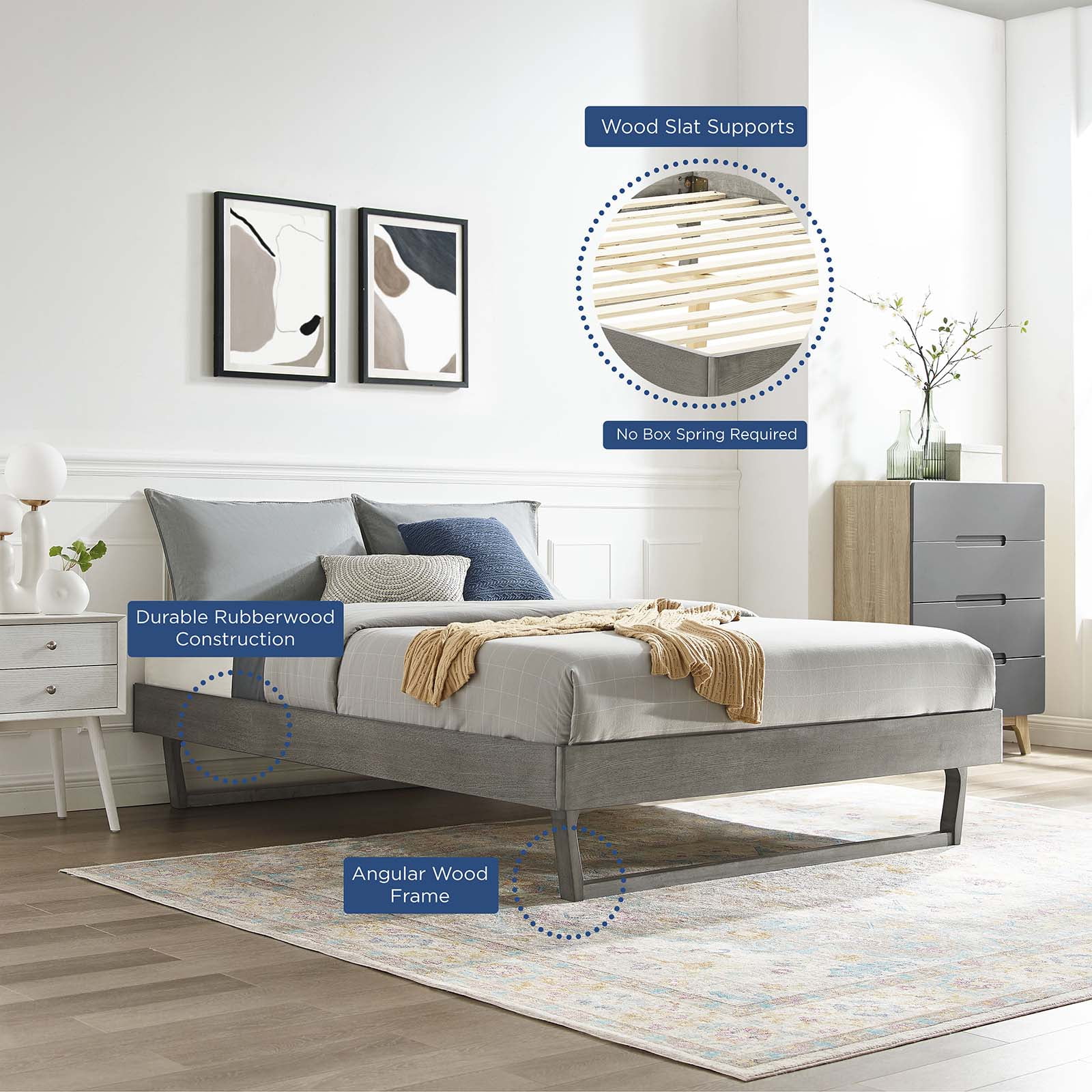 Platform Bed Frame, King Size, Wood, Grey Gray, Modern Contemporary Urban Design, Bedroom Master Guest Suite