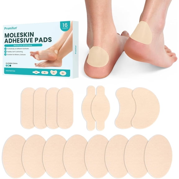 Promifun Moleskin Adhesive Tape Pads Blisters Bandages Mole Skin Patch Bunion Prevention Callus Prevention,16 Sheets,Beige