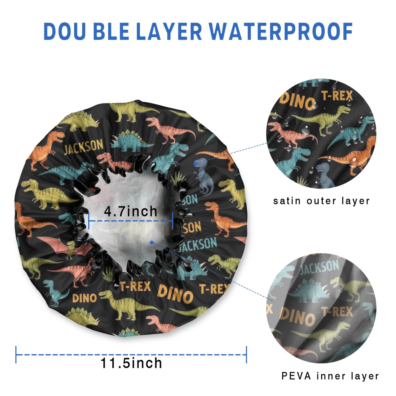 Shower Caps,Black Cartoon Dinosaurs Names Pattern Waterproof Shower Cap for Women 4 Pieces,Double Reusable Hair Cover for Shower PEVA Elastic Stretch Hem