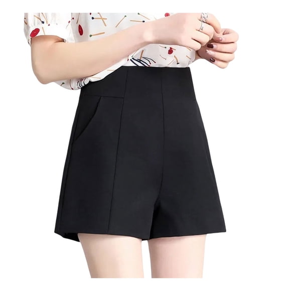 Minnieouse Primavera Verano cintura alta elegante Color sólido Casual A-line pantalones cortos sueltos pierna ancha traje Delgado señoras Prendas para la parte inferior del cuerpo Negro 2XL