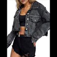 thumbnail image 3 of Chaqueta Vaquera Corta para Mujer, con Botones Desgastados, Larga, Azul Roto y Deshilachado Negro y Gris S, 3 of 7