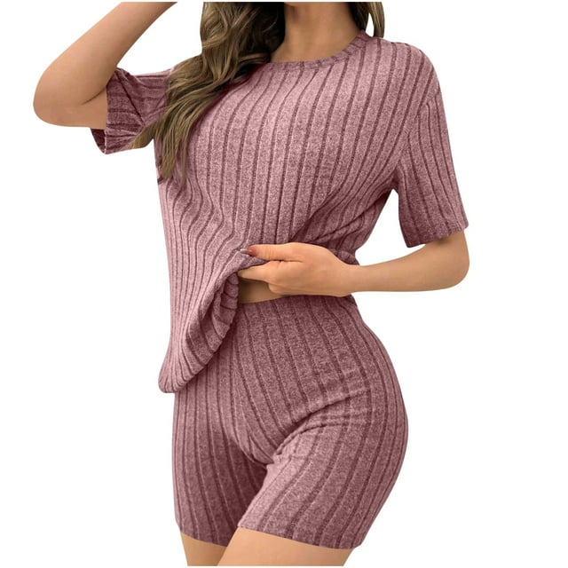 UAMVSH Ensemble de Détente pour Femmes 2 Pcs Tenues Manches Courtes Hauts en Tricot avec Shorts Ensemble Léger Ajusté Col Rond Pyjama