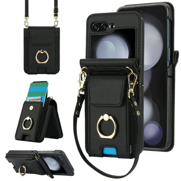 Decase Fashion Hybrid Case Compatible with Samsung Galaxy Z Flip 5 Wallet Cover with Ring Crossbody Wrist Strap Lanyard Credit Card Holder Slot Fits for Samsung Galaxy Z Flip 5 Women Men,Black