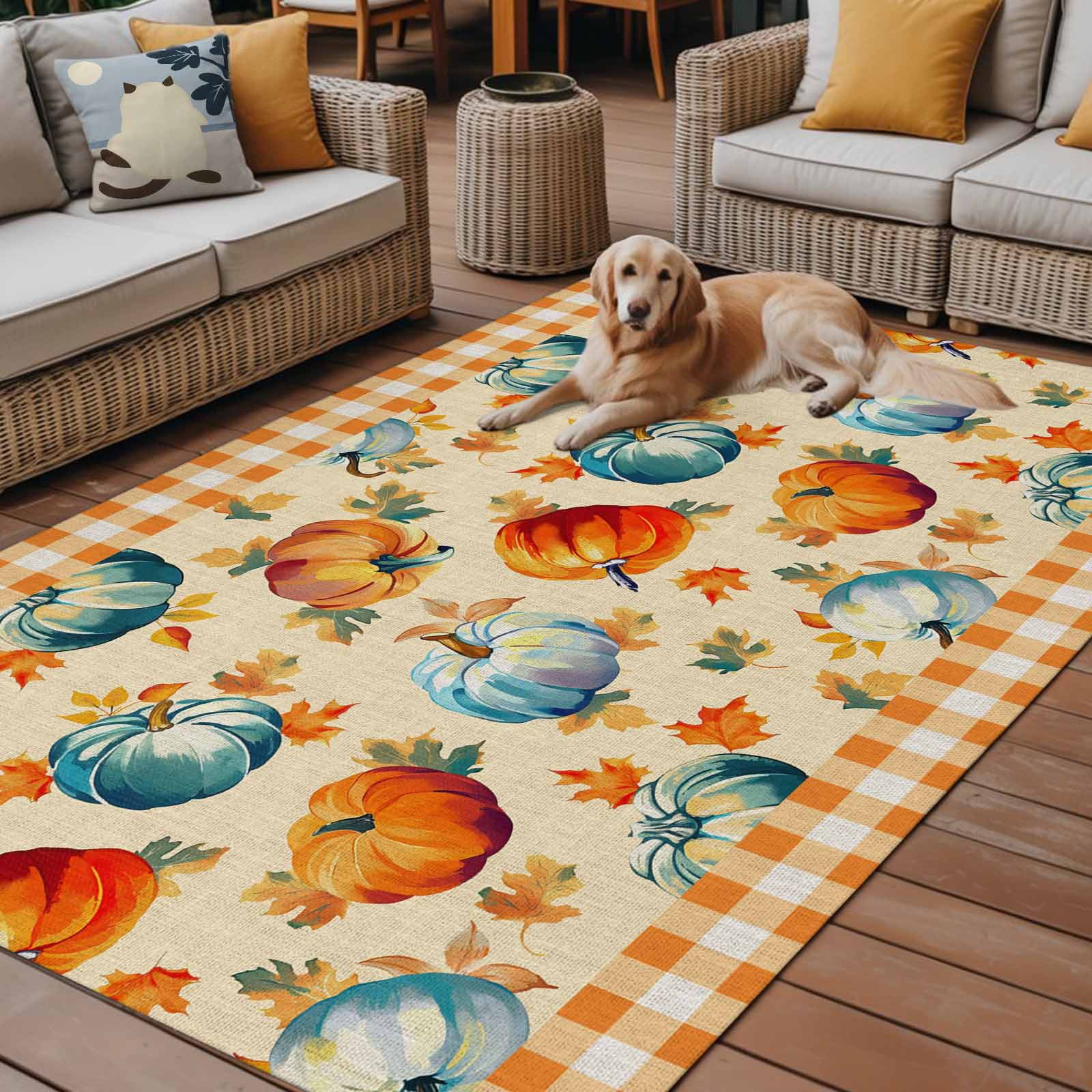 Fsddascl Fall Orange Blue Pumpkins Outdoor Rug for Patio/Deck/Porch, Non-Slip Large Area Rug 5 x 8 Ft, Orange Plaid Thanksgiving Indoor Outdoor Rugs Washable Area Rugs, Reversible Camping Rug Carpet