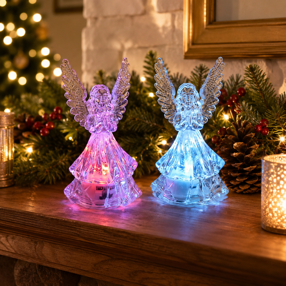 2 Pack Lighted Angel Figurines Led Acrylic Angel Decorations With Color Changing Light For Christmas Tabletop Mantel Shelf Home Decor Multicolor