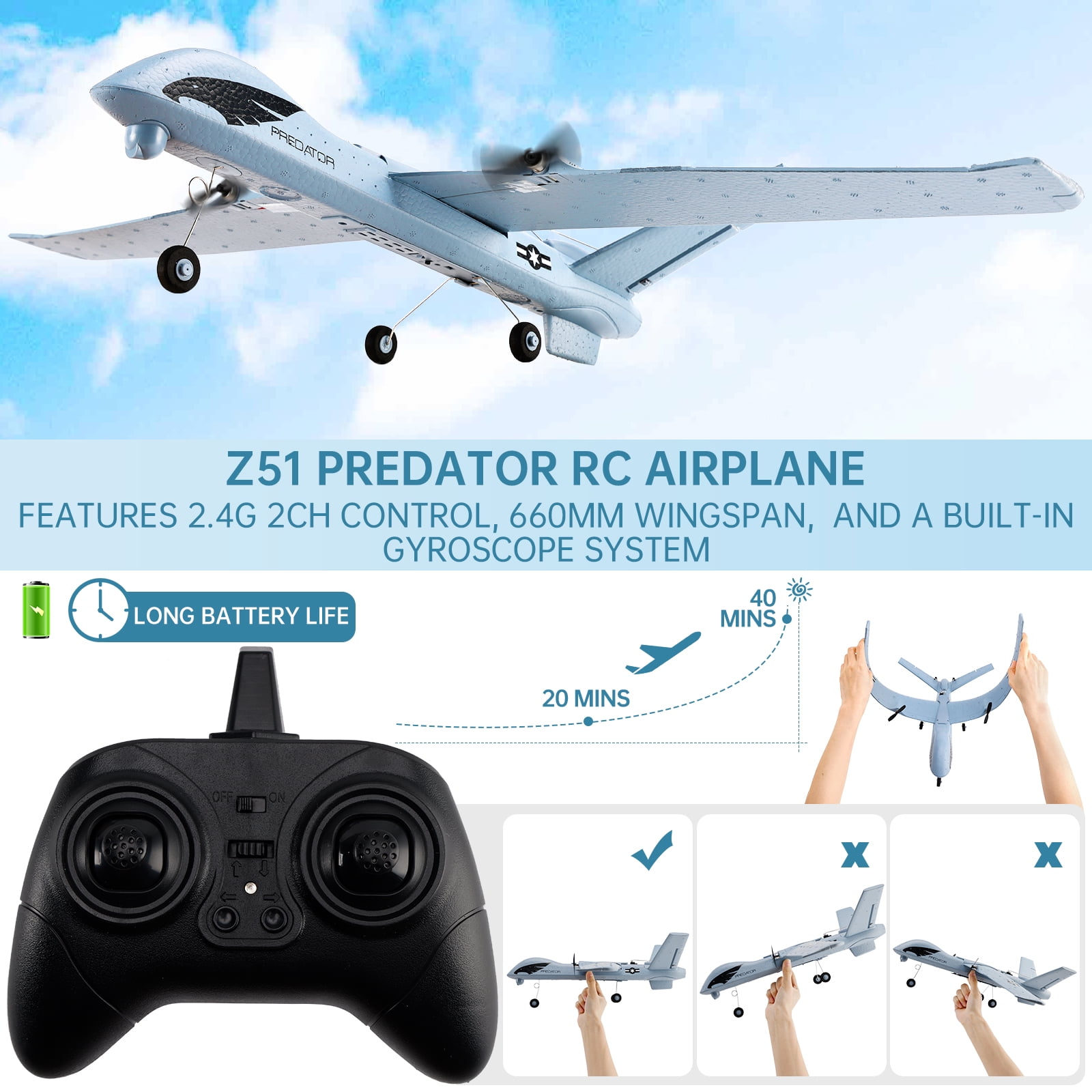 Bruce&Shark RC Plane 3-Channel RC Airplane RC Glider Foam Aircraft 2.4GHz Remote Control Plane Z55 Toy With 2 Batteries For Kid Gift