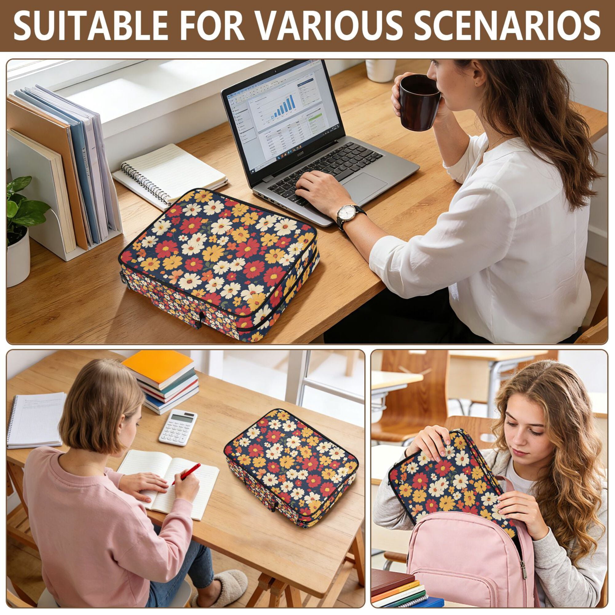 FORMRS Accordion File Folder A4 Size 7-Pocket Expanding Document Organizer Bag with 3 Ring Binder, Red Floral