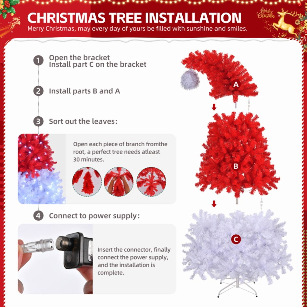 Alvantor 6 ft Santa Hat Pre-Lit Artificial Christmas Tree with 300 Cool White LED Lights, 8 Modes and 1050 PVC Tips, Red and White