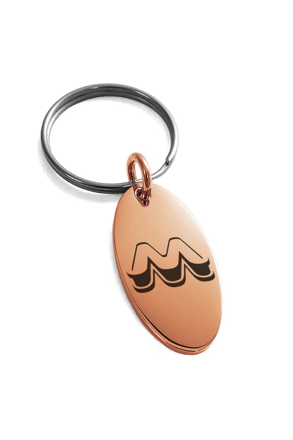 Stainless Steel Letter M Initial 3D Monogram Engraved Small Oval Charm Keychain Keyring